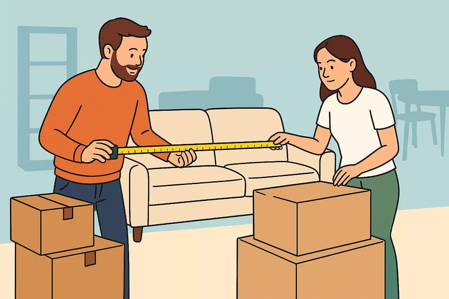 Par som mäter möbler inför flytt från villa till lägenhet